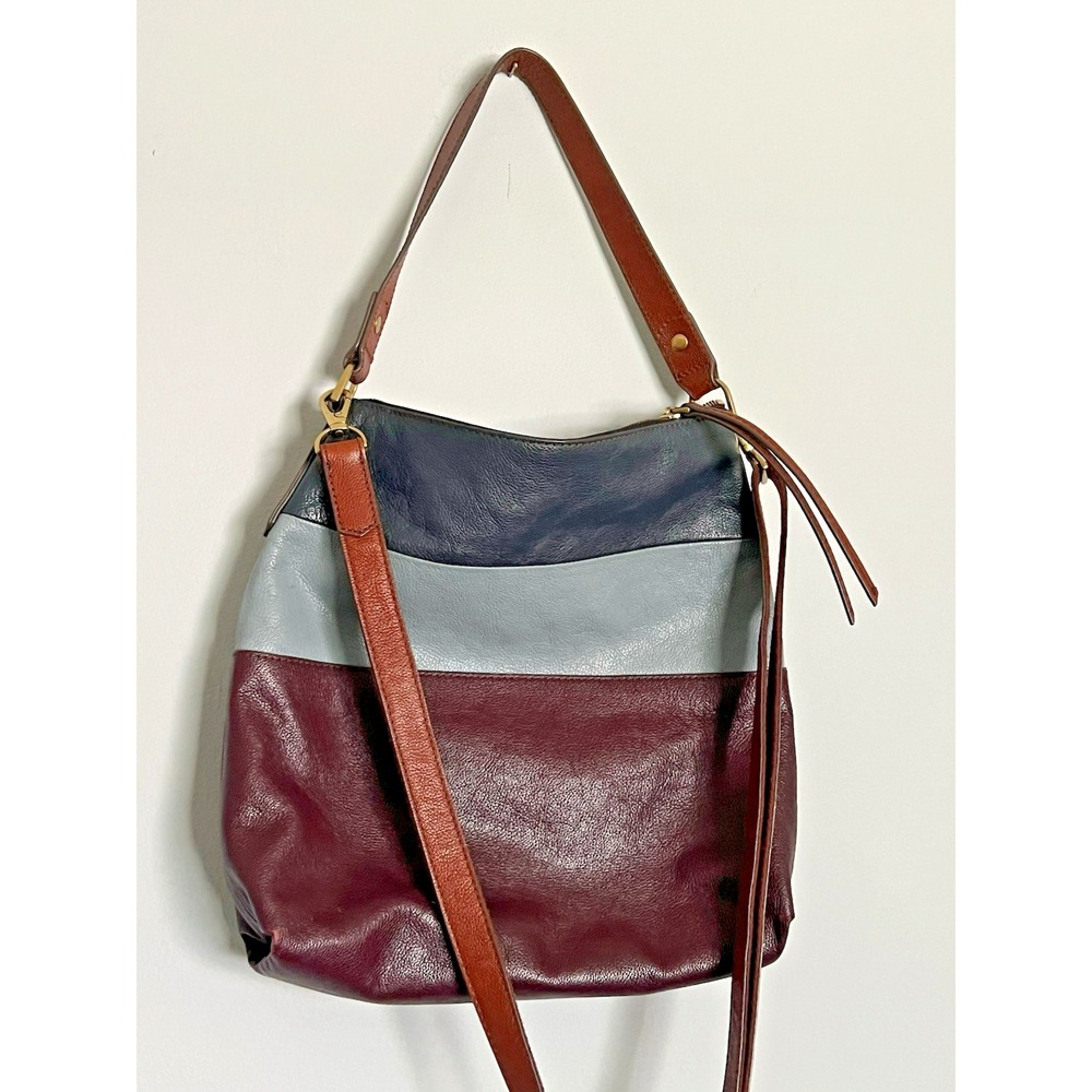 Fossil Color Block Leather Hobo Bag Removable Crossbody Strap Travel Commute